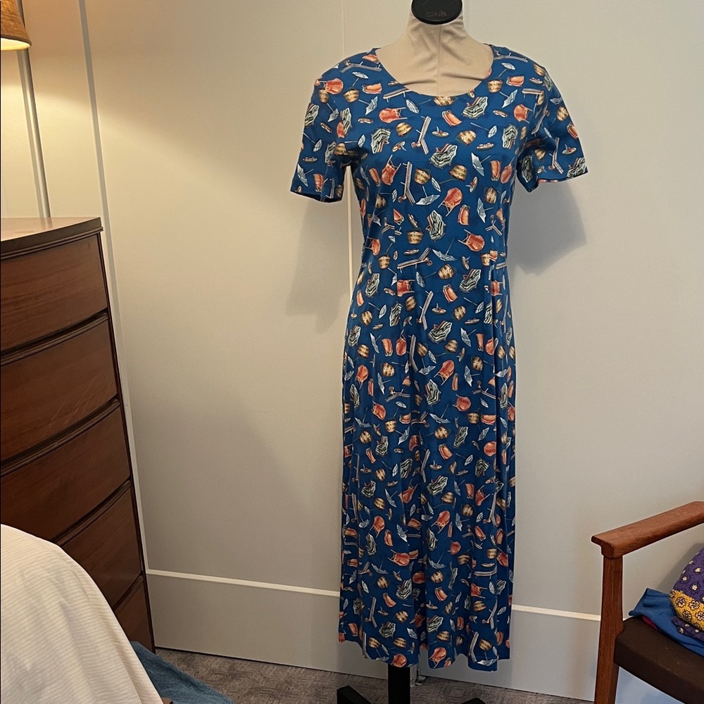 Vintage Talbots Blue Beach Print Short-Sleeve Knit Midi Dress